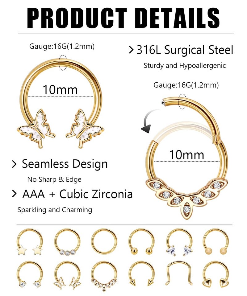 REVOLIA 12Pcs 16G Surgical Steel Septum Rings for Women Men Horseshoe Septum Rings Hoop CZ Heart Star Butterfly Cartilage Helix Tragus Daith Earrings Piercing Jewelry Gold - Image 4