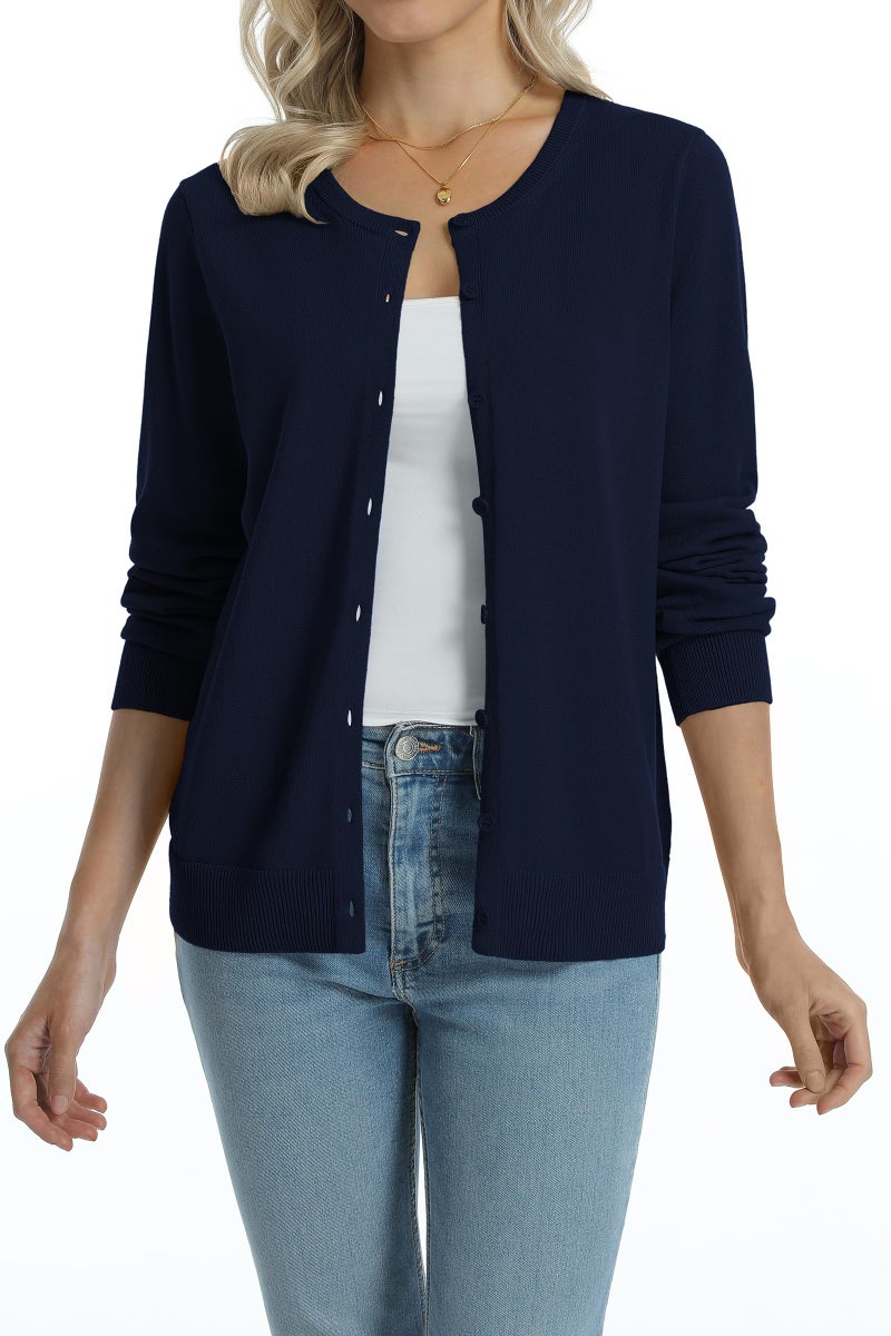 QUALFORT Navy Cardigan for Women 100% Cotton Crewneck Button Down Long Sleeve Solid Knit Classic Sweater Medium - Image 3