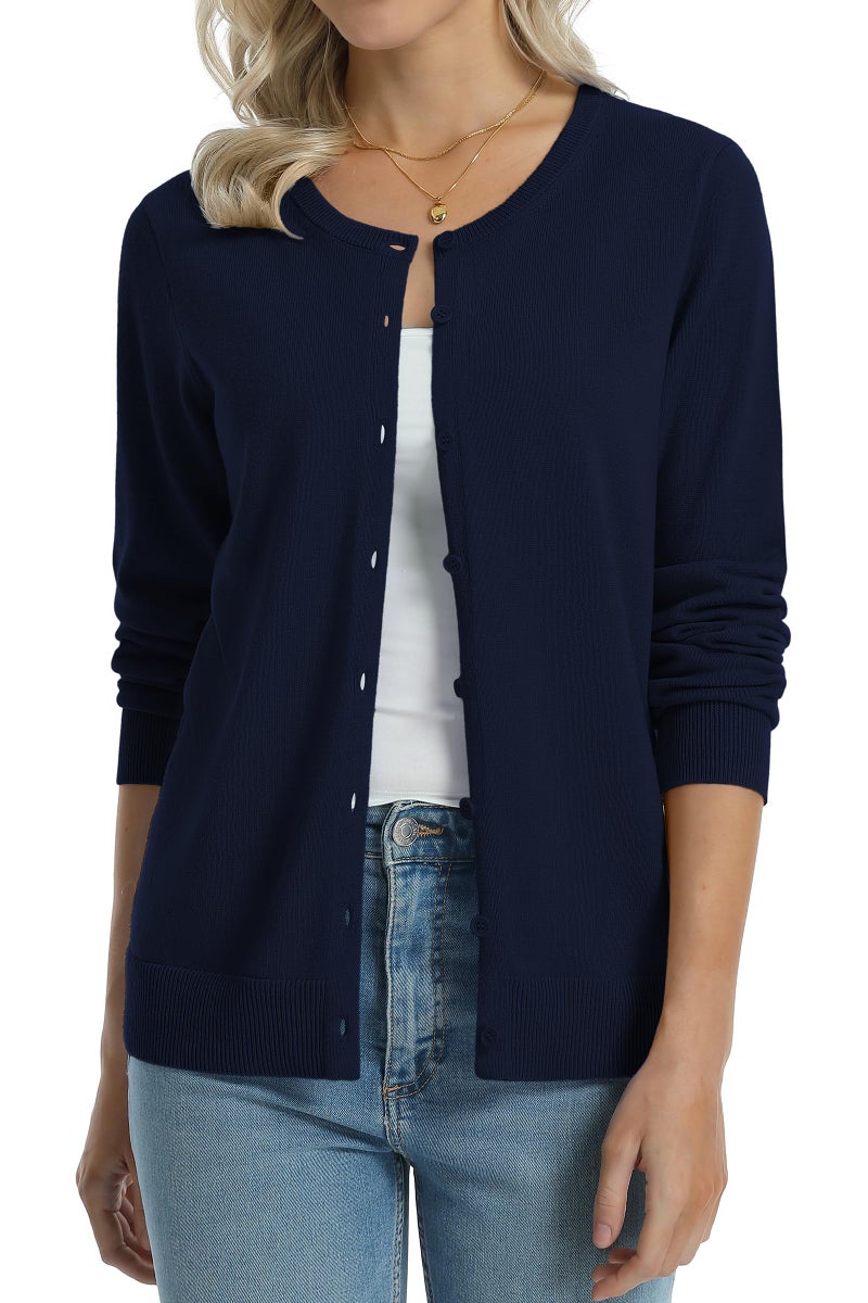 QUALFORT Navy Cardigan for Women 100% Cotton Crewneck Button Down Long Sleeve Solid Knit Classic Sweater Medium - Image 4