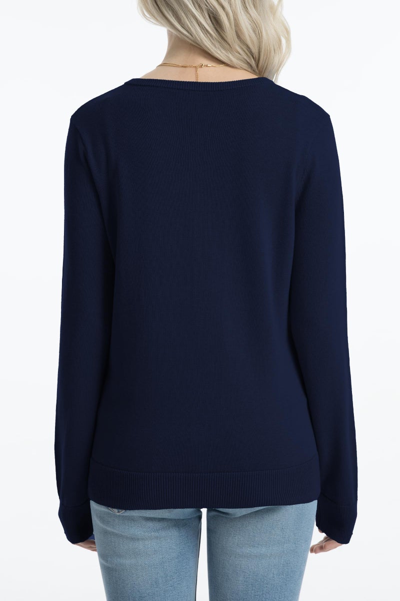 QUALFORT Navy Cardigan for Women 100% Cotton Crewneck Button Down Long Sleeve Solid Knit Classic Sweater Medium - Image 2