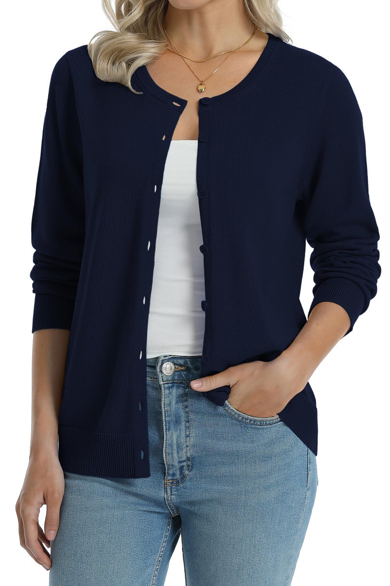 QUALFORT Navy Cardigan for Women 100% Cotton Crewneck Button Down Long Sleeve Solid Knit Classic Sweater Medium - Image 1
