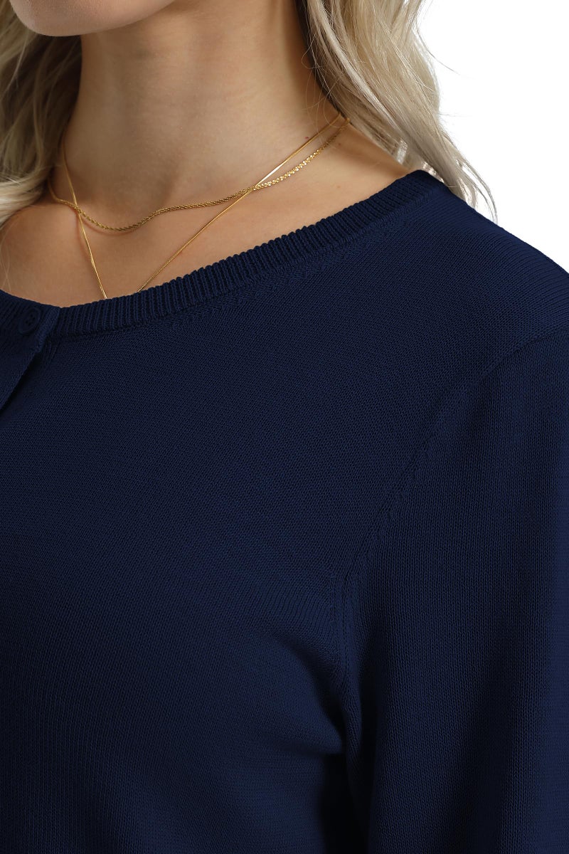 QUALFORT Navy Cardigan for Women 100% Cotton Crewneck Button Down Long Sleeve Solid Knit Classic Sweater Medium - Image 5