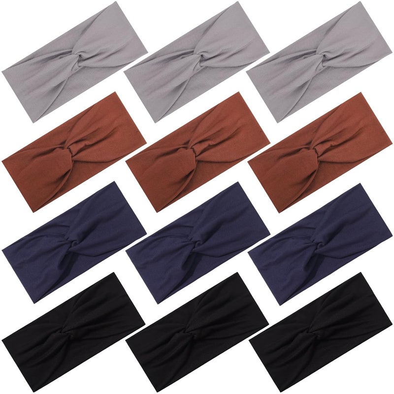 Panleding 12 Pcs Stretchy Headbands for Women, Absorbed Sport Headband Soft Twist Knotted Hairbands for Daily Life Yoga Workout(Black/Dark blue/Brown/Grey) - Image 1