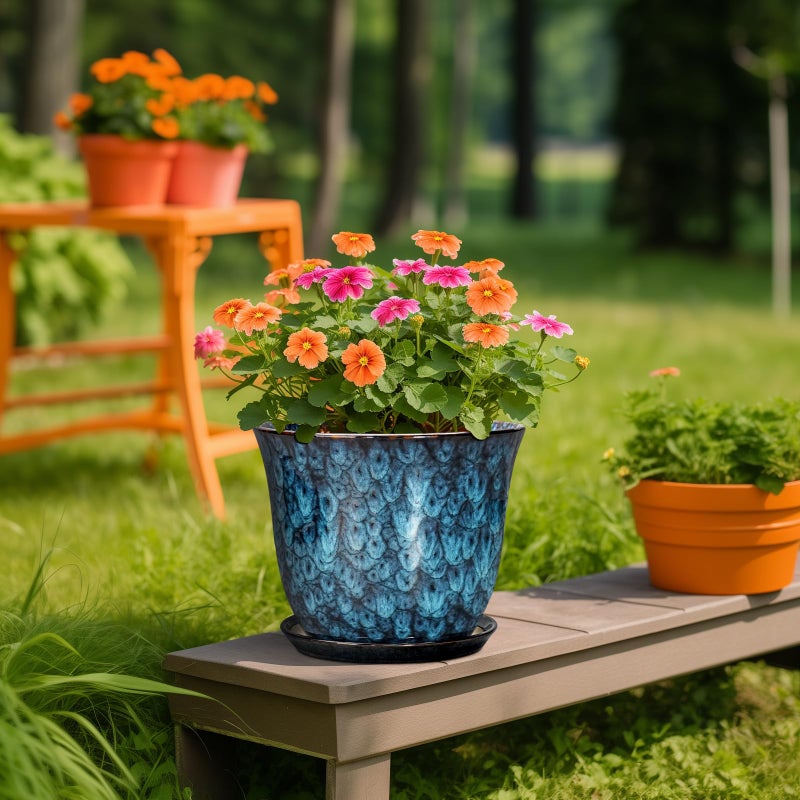 SUNPOTFOR 10 Inch Plant Pot - Ceramic Planter with Drainage Hole and Saucer, Round Flower Pots for Indoor Outdoor, Modern Decorative Planter for Plants, Home Office Decor, Plant Lover Gifts, Blue - Image 5