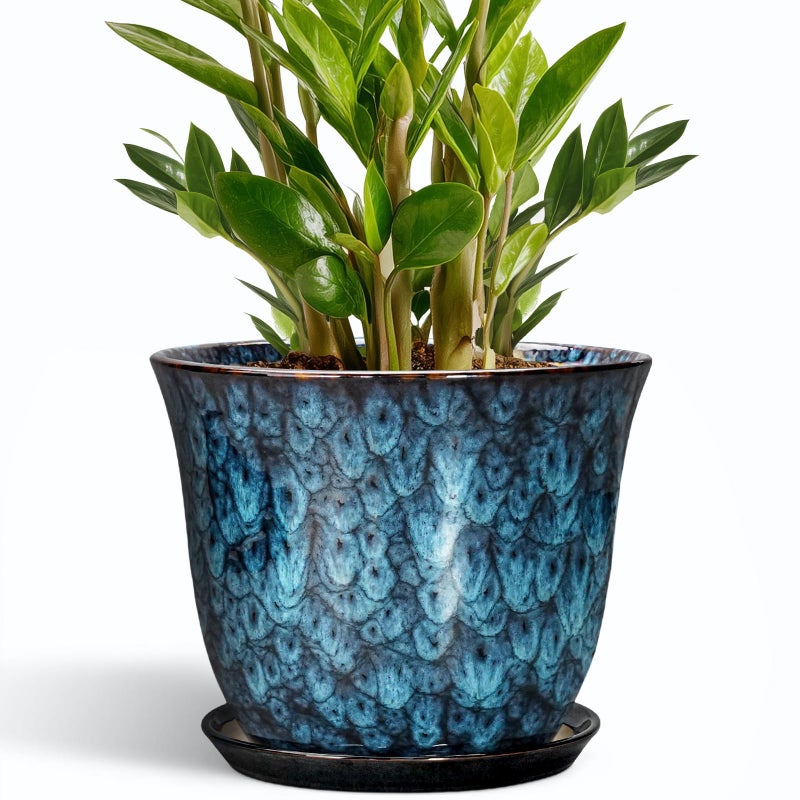 SUNPOTFOR 10 Inch Plant Pot - Ceramic Planter with Drainage Hole and Saucer, Round Flower Pots for Indoor Outdoor, Modern Decorative Planter for Plants, Home Office Decor, Plant Lover Gifts, Blue - Image 1