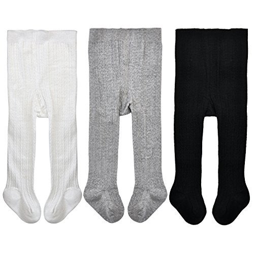 EPEIUS Little Kids Baby Girls Seamless Cable Knit Solid Cotton Tights for 4-6 Years,White/Black/Grey (Pack of 3) - Image 1