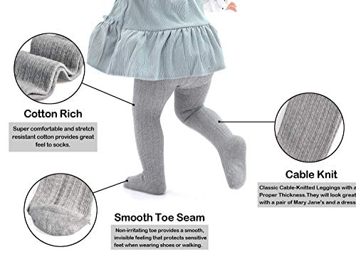 EPEIUS Little Kids Baby Girls Seamless Cable Knit Solid Cotton Tights for 4-6 Years,White/Black/Grey (Pack of 3) - Image 3