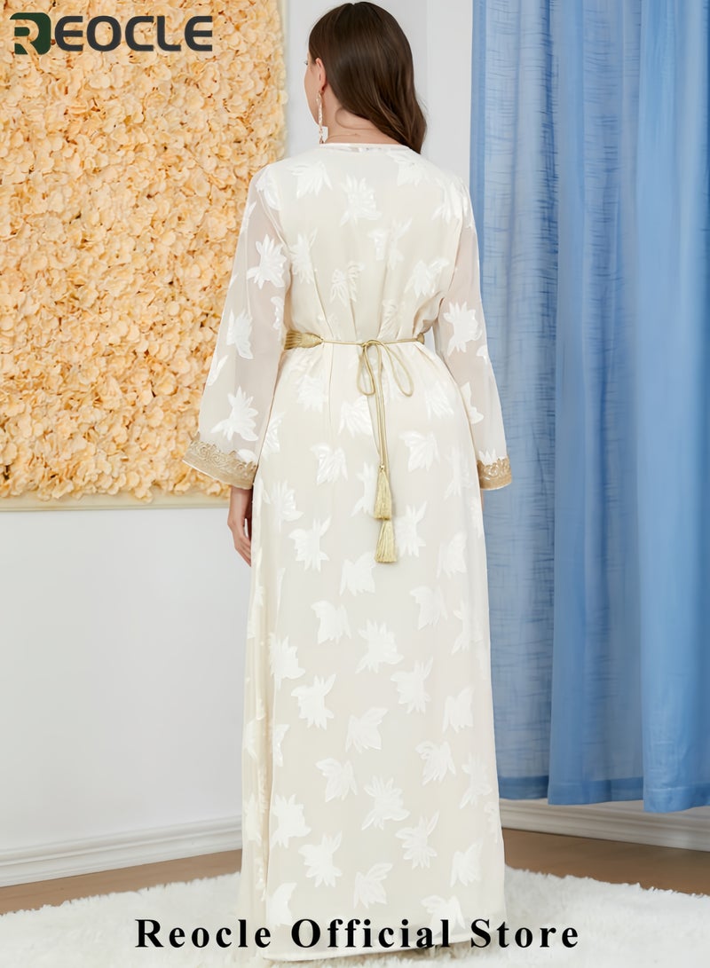 REOCLE Women's Elegant Embroidered Kaftan Gown Luxury Chiffon Satin Maxi Dress with Golden Lace Details Formal Abaya for Weddings Banquets & Special Occasions - Image 5