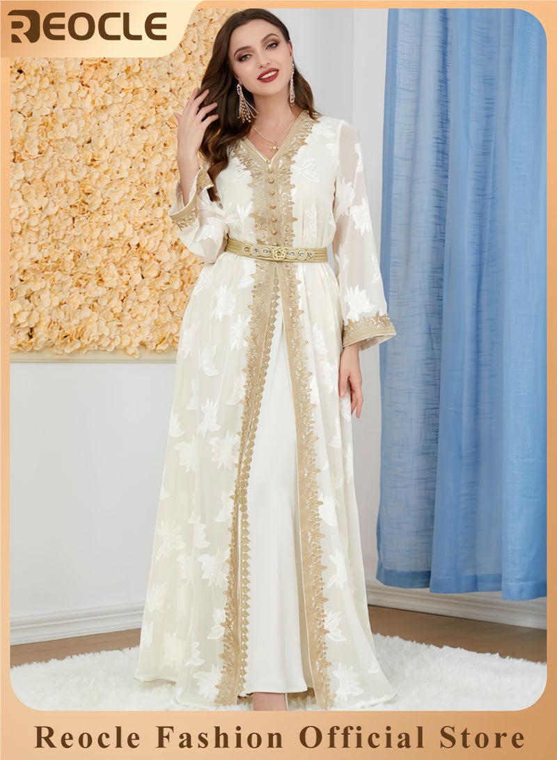 REOCLE Women's Elegant Embroidered Kaftan Gown Luxury Chiffon Satin Maxi Dress with Golden Lace Details Formal Abaya for Weddings Banquets & Special Occasions - Image 1
