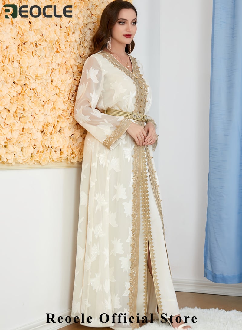 REOCLE Women's Elegant Embroidered Kaftan Gown Luxury Chiffon Satin Maxi Dress with Golden Lace Details Formal Abaya for Weddings Banquets & Special Occasions - Image 4