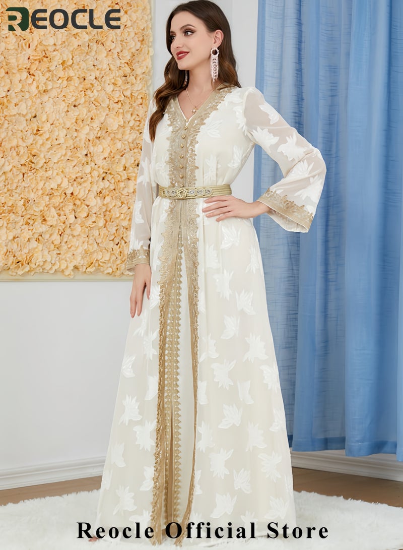 REOCLE Women's Elegant Embroidered Kaftan Gown Luxury Chiffon Satin Maxi Dress with Golden Lace Details Formal Abaya for Weddings Banquets & Special Occasions - Image 3