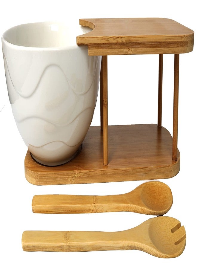 Basic Fundamentals Ceramic Mixing Bowl with Serving Utensils and Bamboo Display Rack - Salad Bowl Set with Bamboo Rack and Server - Wooden Storage Container Rack 5.75 x 16.75 x 9.38 - Image 2