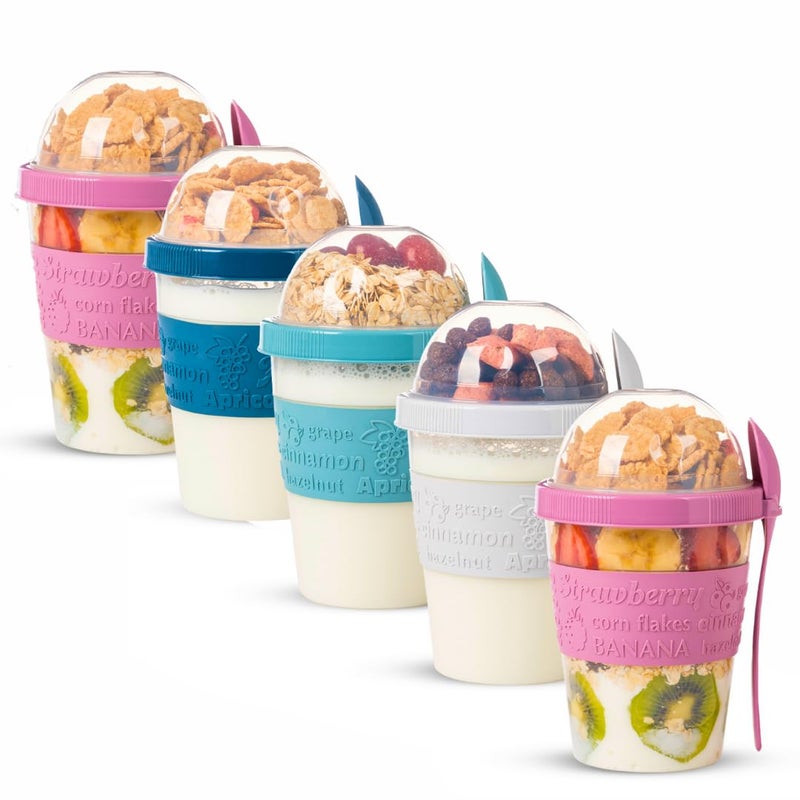 EYNEL 5 Pack On The Go Cereal Yogurt Cups with Lids and Spoon, Overnight Oats Container, Reusable Parfait Plastic Milk Jar Breakfast Crunch Granola Oatmeal Smoothie Snack Prep Bowl - Image 1