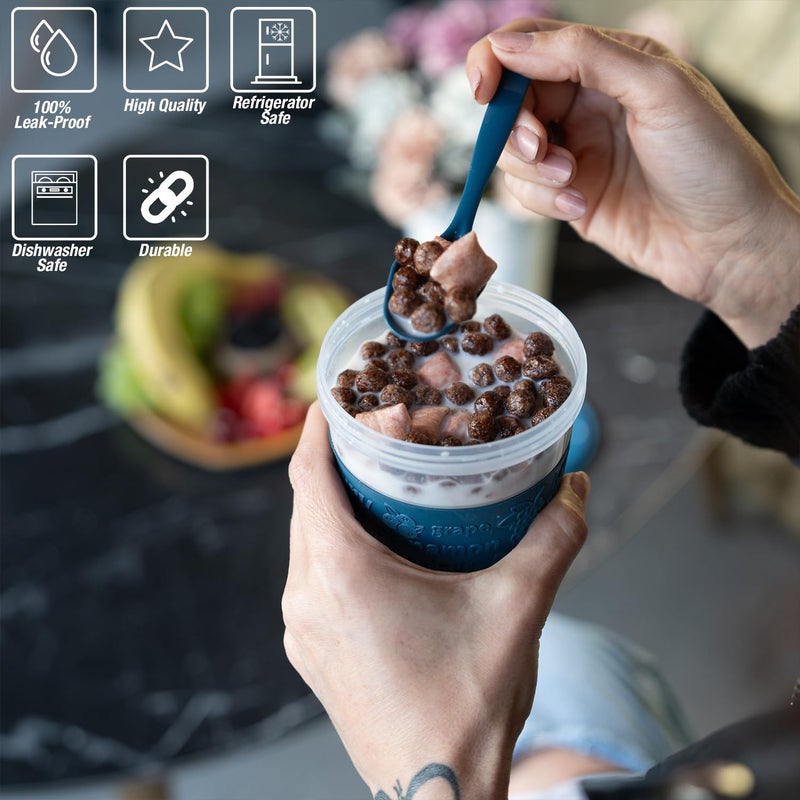 EYNEL 5 Pack On The Go Cereal Yogurt Cups with Lids and Spoon, Overnight Oats Container, Reusable Parfait Plastic Milk Jar Breakfast Crunch Granola Oatmeal Smoothie Snack Prep Bowl - Image 2
