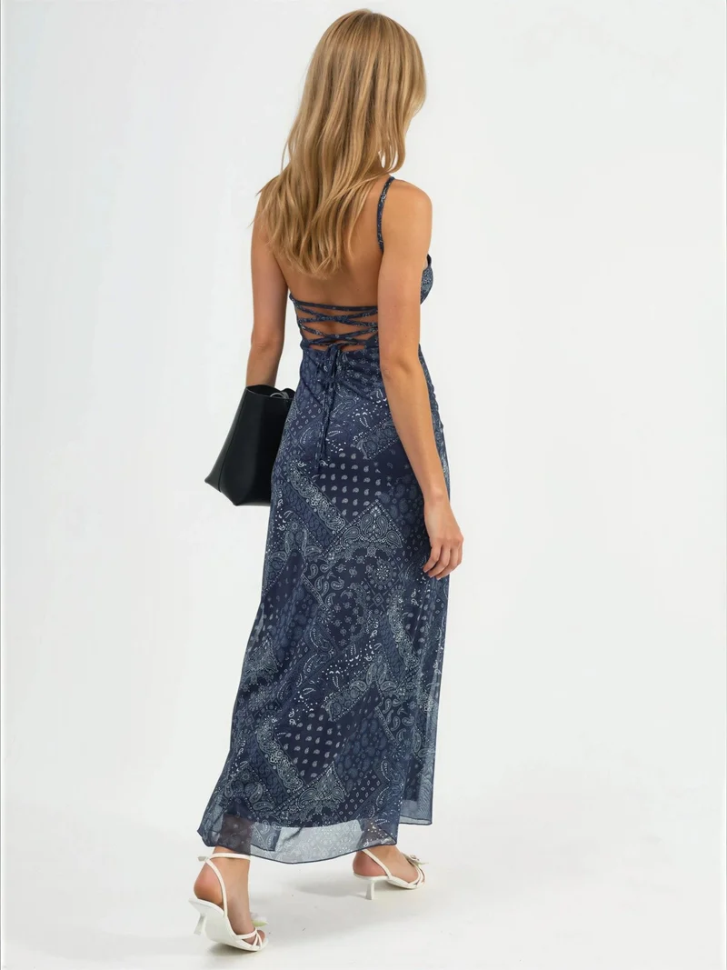 Hiccup Navy Blue Square Collar Printed Midi Dress for Women | Best Price UAE