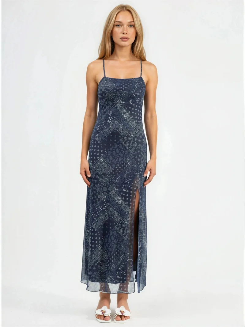 Hiccup Navy Blue Square Collar Printed Midi Dress for Women | Best Price UAE