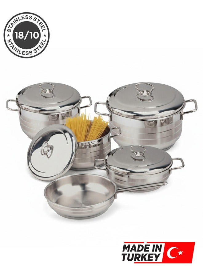 تراست طقم أواني طهي من الستانلس ستيل 9 قطع 18/10 (صُنع في تركيا)؛ المقاسات: 16، 20، 24، 24، 24 سم فضي - Image 1