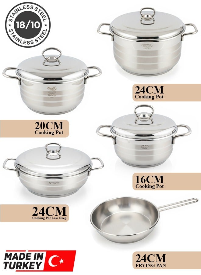 تراست طقم أواني طهي من الستانلس ستيل 9 قطع 18/10 (صُنع في تركيا)؛ المقاسات: 16، 20، 24، 24، 24 سم فضي - Image 3