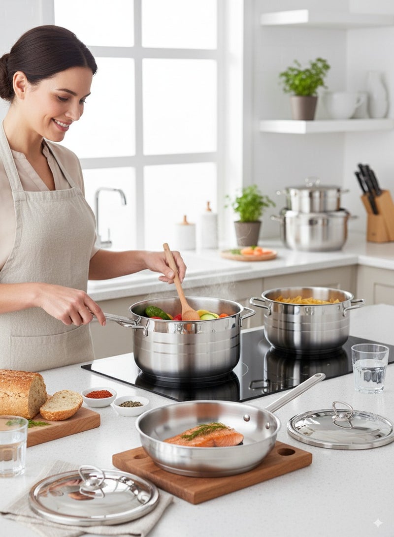 تراست طقم أواني طهي من الستانلس ستيل 9 قطع 18/10 (صُنع في تركيا)؛ المقاسات: 16، 20، 24، 24، 24 سم فضي - Image 5