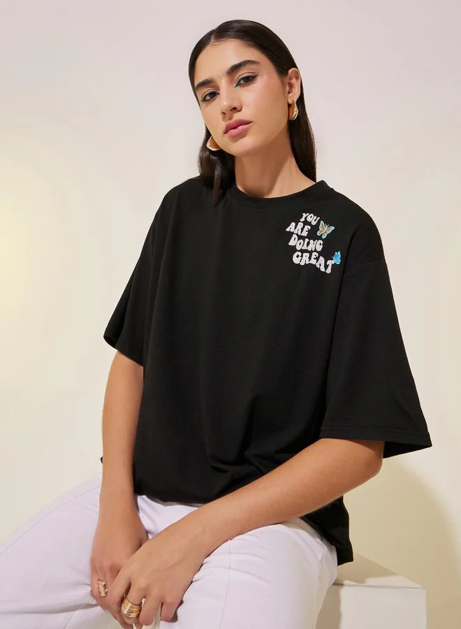 Take Two Embroidered Detail Round Neck Oversized T-Shirt