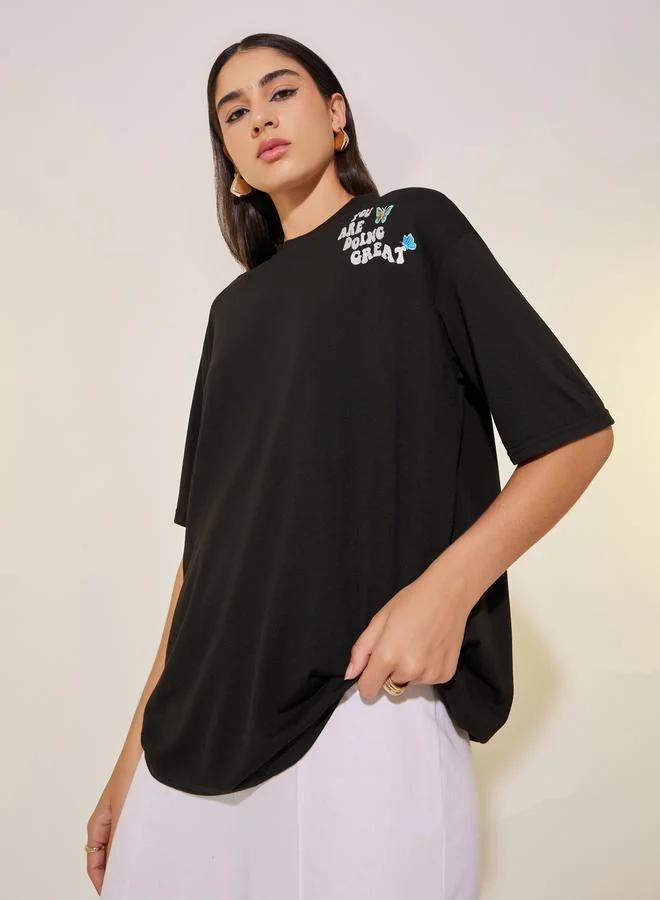 Take Two Embroidered Detail Round Neck Oversized T-Shirt