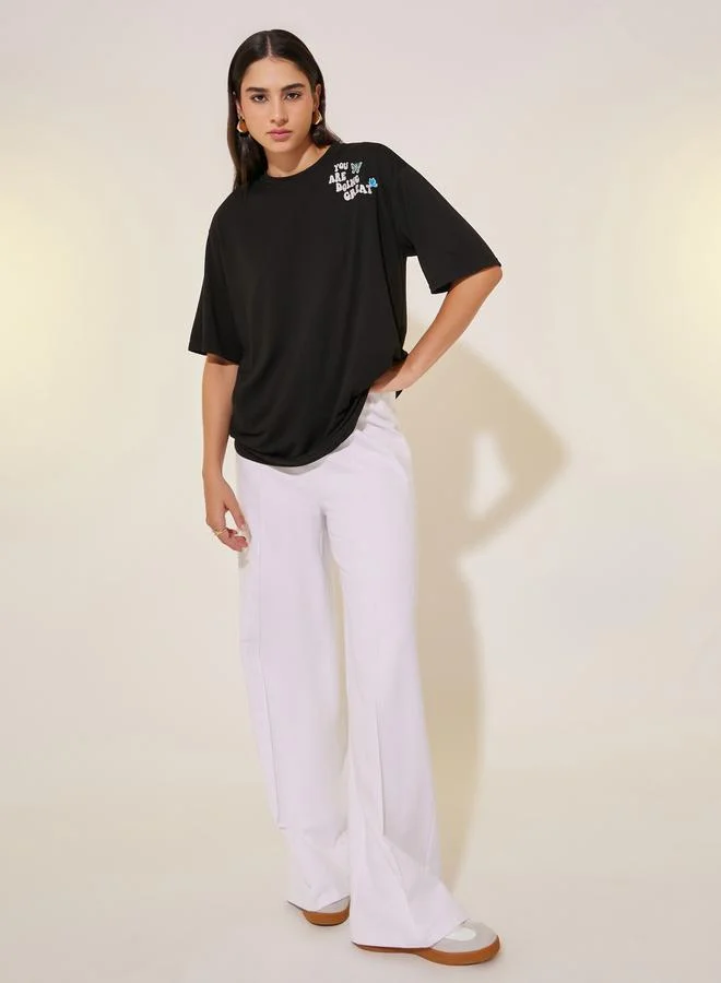 Take Two Embroidered Detail Round Neck Oversized T-Shirt