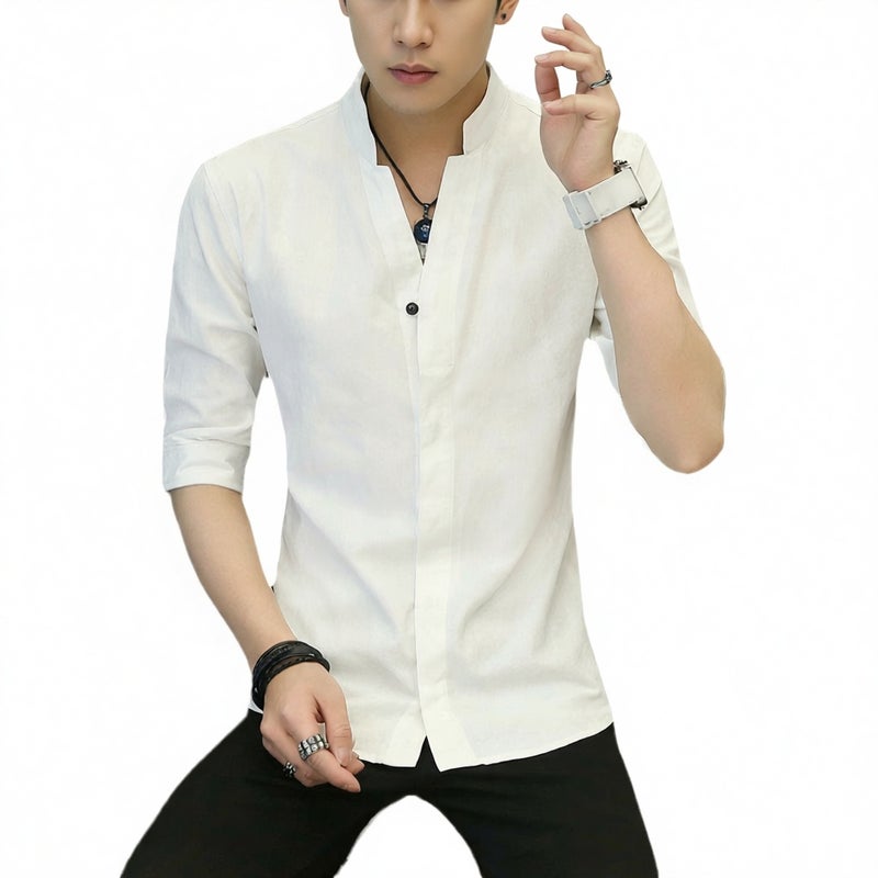 Men's Linen Stand Collar Short Sleeve Casual Shirt - Image 1