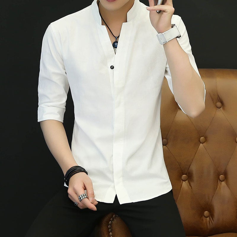 Men's Linen Stand Collar Short Sleeve Casual Shirt - Image 2