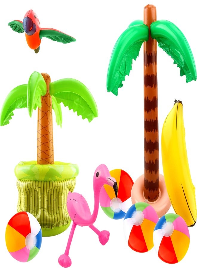 Feradny 9 Pack Inflatable Palm Tree Blow Up Palm Tree Cooler Inflatable Flamingo Parrot Banana Beach Ball Pool Toys for Hawaiian Tropical Themed Luau Party Decorations - Image 1