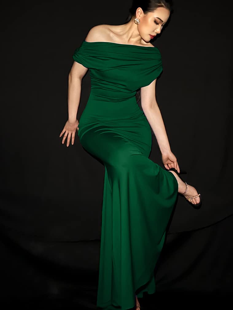 YMDUCH Women's Elegant Sleeveless Off Shoulder Bodycon Long Formal Party Evening Dress Green - Image 3