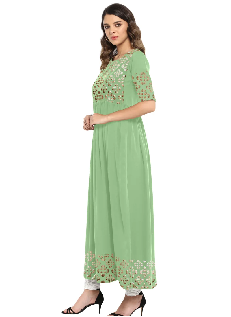 كولابا Green Gold Printed Elbow Sleeves Dress