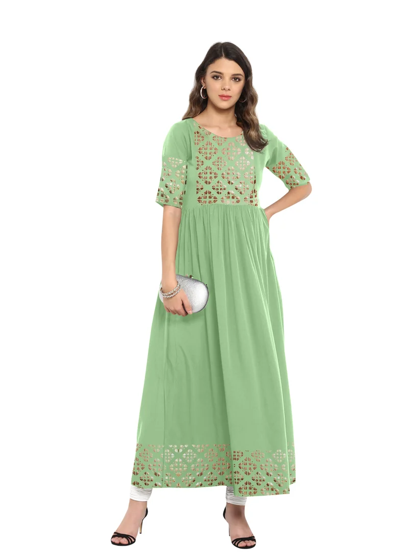 kolaba Green Gold Printed Elbow Sleeves Dress