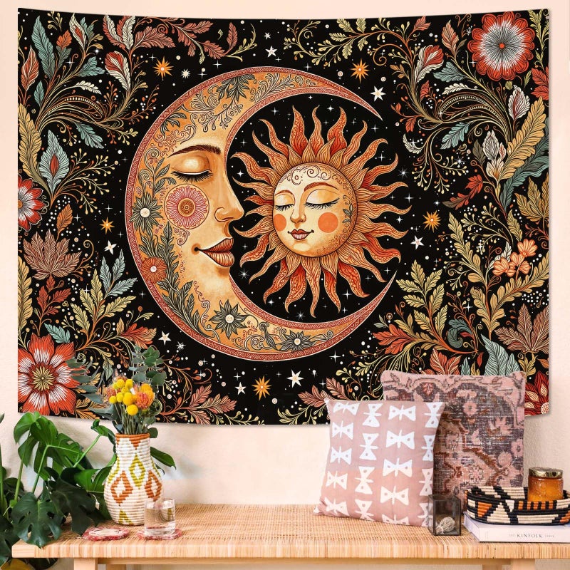 Accnicc Vintage Sun and Moon Tapestry Boho Hippie Floral Wall Tapestry for Bedroom Aesthetic Brown Celestial Spiritual Botanical Plant Small Tapestries Wall Hanging for Living Room Dorm 48 x 36 Inch - Image 2