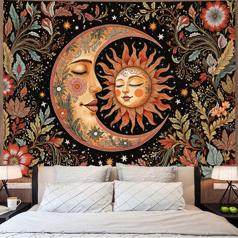 Accnicc Vintage Sun and Moon Tapestry Boho Hippie Floral Wall Tapestry for Bedroom Aesthetic Brown Celestial Spiritual Botanical Plant Small Tapestries Wall Hanging for Living Room Dorm 48 x 36 Inch - Image 1