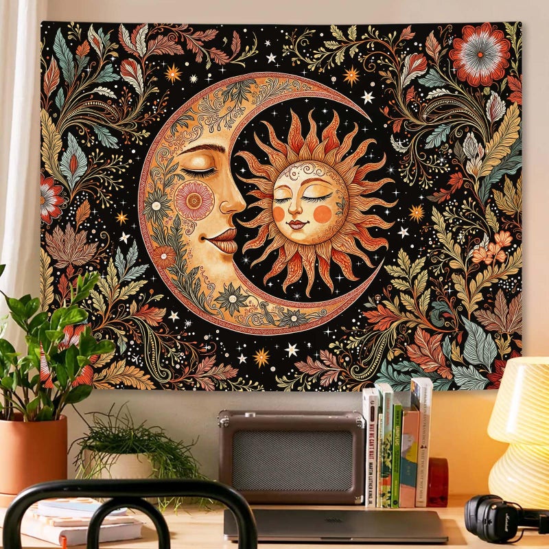 Accnicc Vintage Sun and Moon Tapestry Boho Hippie Floral Wall Tapestry for Bedroom Aesthetic Brown Celestial Spiritual Botanical Plant Small Tapestries Wall Hanging for Living Room Dorm 48 x 36 Inch - Image 4