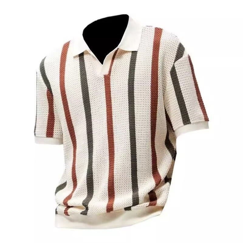 Men's Knitted Short Sleeve T-Shirt Striped Contrast Slim Fit Business Top - Image 2