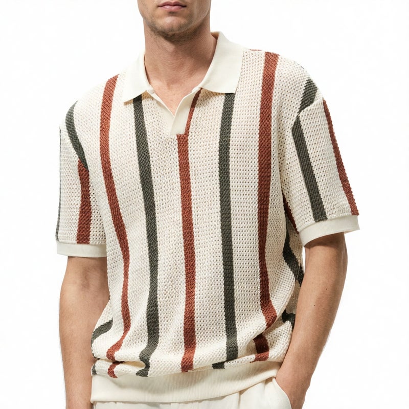 Men's Knitted Short Sleeve T-Shirt Striped Contrast Slim Fit Business Top - Image 1