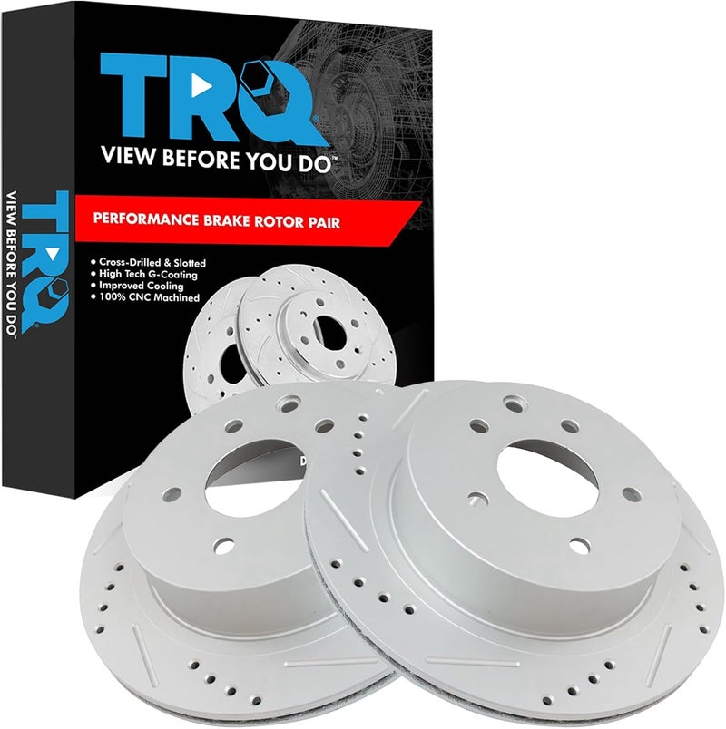 TRQ Rear Performance Brake Rotor Drilled Slotted Pair Set for 2003-2005 Nissan 350Z / 2003-2004 Infiniti G35 / 2011-2017 Nissan Leaf / 2008-2017 Nissan Rogue - Image 1