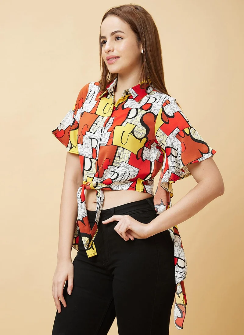 globus Globus Women Typography Printed Flared Sleeves Waist Tie-Ups Shirt Style Crop Top