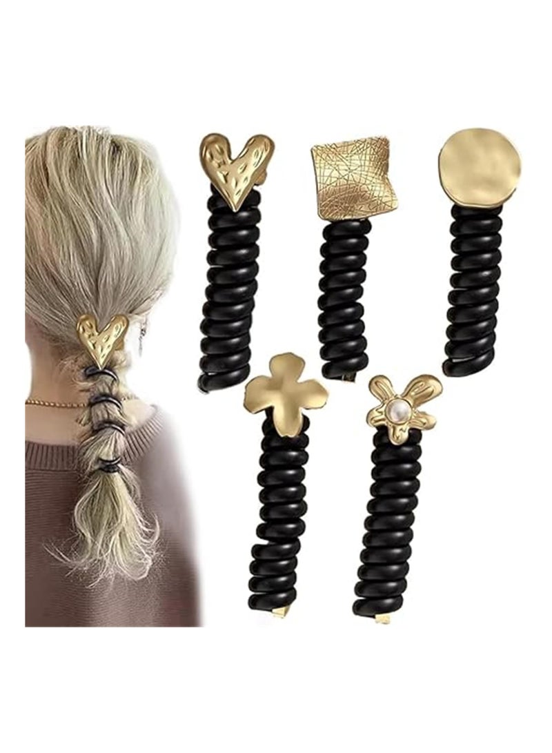 KASTWAVE 5 Pcs Braided Telephone Wire Hair Bands, Spiral Hair Ties No Crease Ponytail Holders, Stylish Phone Cord Hair Ties, DIY Ponytail Styl, Elastic Hair Ties for Women Girls, Black - Image 1