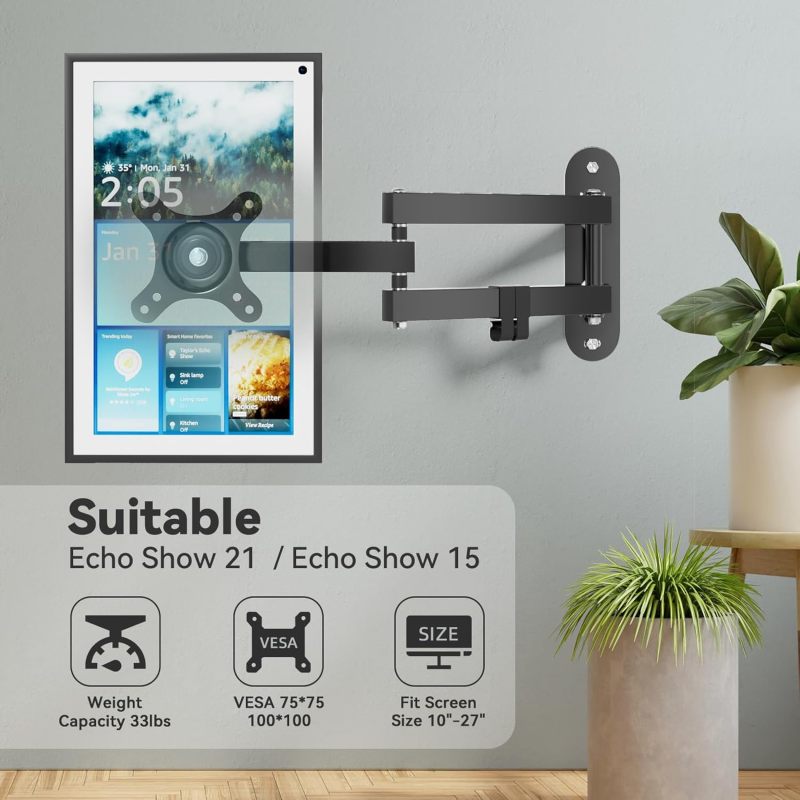 مثول جداري لـ Echo Show: قاعدة قابلة للدوران 360 درجة والانحناء والتحويل - متوافقة عالميًا مع شاشات الذكية من 10 إلى 27 بوصة - حامل مستقر يوفر مساحة للمطبخ والغرفة المعيشية والمكتب المنزلي - Image 4