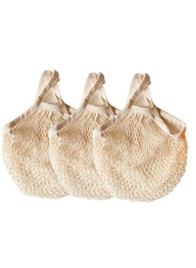 Ahyuan Ecology Reusable Cotton Mesh Grocery Bags Cotton String Bag Net Shopping Mesh Bags Pack of 3 (Beige) - Image 1