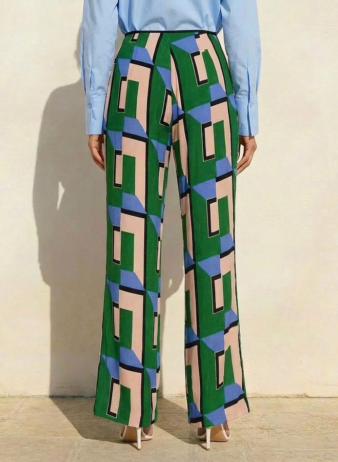 Iconic High Waist Geometric Print Viscose Wide Leg Pants - Image 4