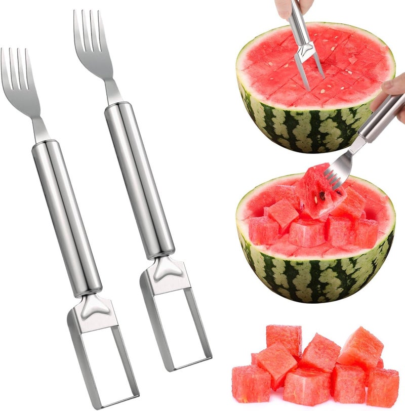 Kriq 2-in-1 Stainless Steel Fruit Cutter, Watermelon Fork Slicer Cutter Slicer Tool, Dual Head Fruits Forks Slicer Knife, Summer Watermelon Fruits Cutting Home Kitchen Gadgets. (PACK OF 2) - Image 1