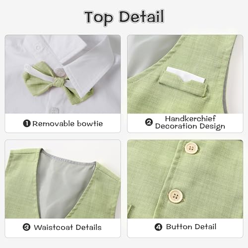 Volunboy Summer Toddler Wedding Outfit Boy Ring Bearer Outfit 4Pcs Short Sleeve White Dress Shirt Bowtie Shorts Vest Graduation Suits (Green, 12-18 Months) - Image 5