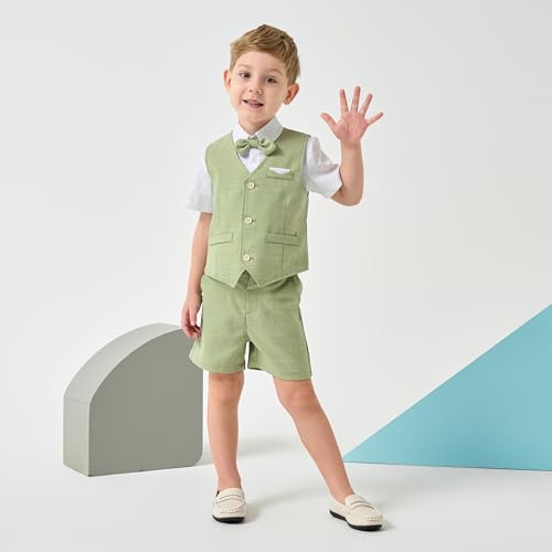 Volunboy Summer Toddler Wedding Outfit Boy Ring Bearer Outfit 4Pcs Short Sleeve White Dress Shirt Bowtie Shorts Vest Graduation Suits (Green, 12-18 Months) - Image 2