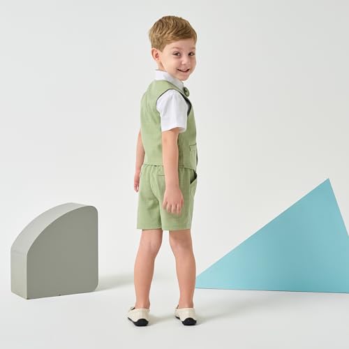 Volunboy Summer Toddler Wedding Outfit Boy Ring Bearer Outfit 4Pcs Short Sleeve White Dress Shirt Bowtie Shorts Vest Graduation Suits (Green, 12-18 Months) - Image 4