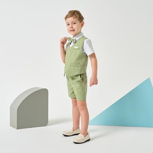 Volunboy Summer Toddler Wedding Outfit Boy Ring Bearer Outfit 4Pcs Short Sleeve White Dress Shirt Bowtie Shorts Vest Graduation Suits (Green, 12-18 Months) - Image 3