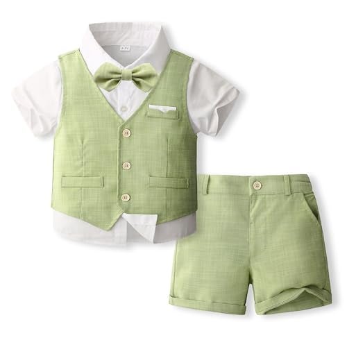 Volunboy Summer Toddler Wedding Outfit Boy Ring Bearer Outfit 4Pcs Short Sleeve White Dress Shirt Bowtie Shorts Vest Graduation Suits (Green, 12-18 Months) - Image 1