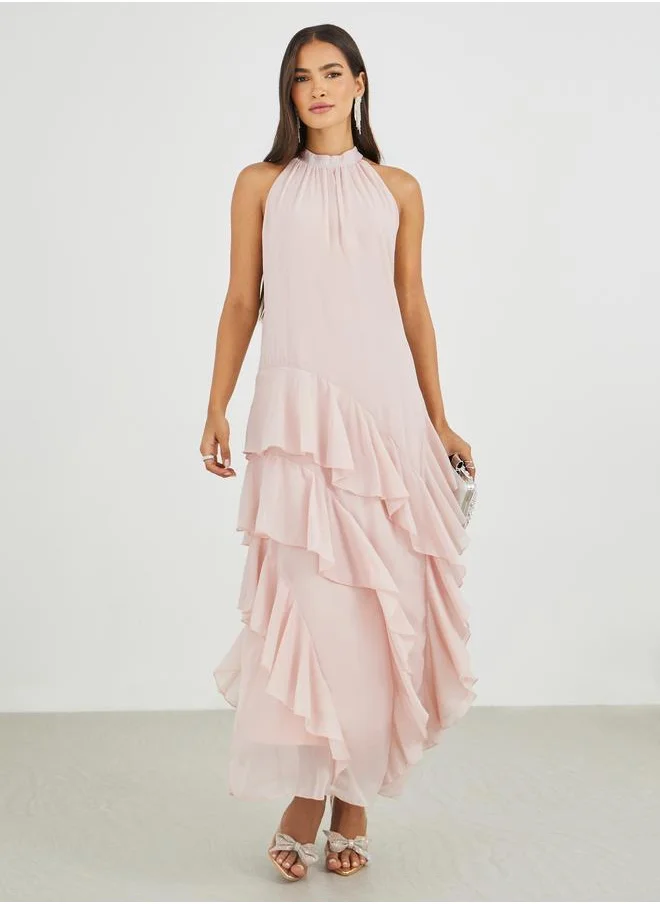 Styli Styli Solid Halter Neck Ruffled Tiered Maxi Dress